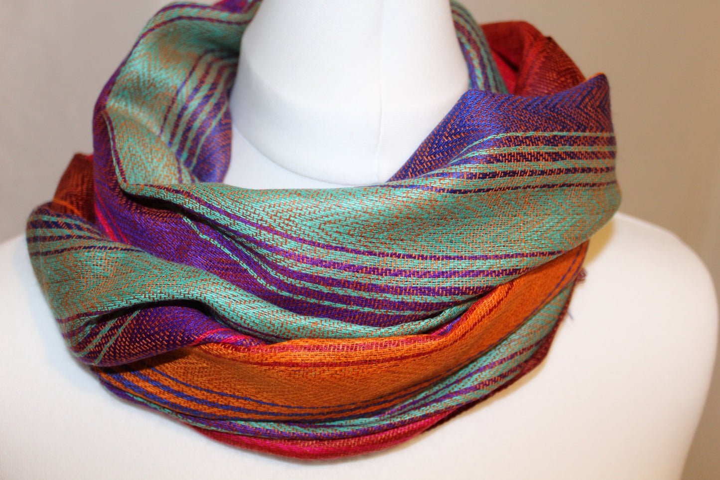 Stunning colourful handwoven scarves, artisan from Ecuador