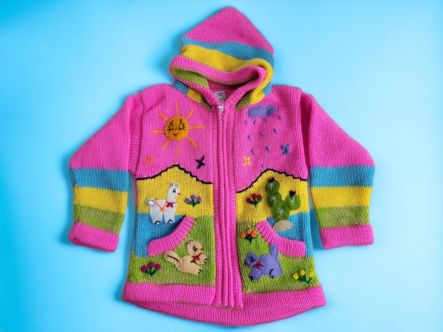 Colourful handmade children's cardigans, jackets, hoodies, warm alpaca wool, animal pattern, soft and playful, with zip, hood and pockets