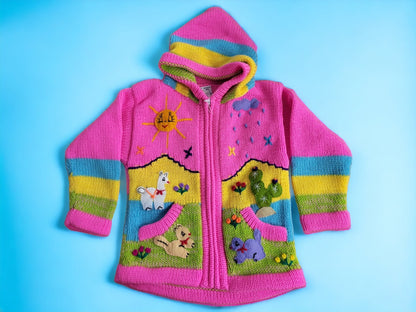 Colourful handmade children's cardigans, jackets, hoodies, warm alpaca wool, animal pattern, soft and playful, with zip, hood and pockets