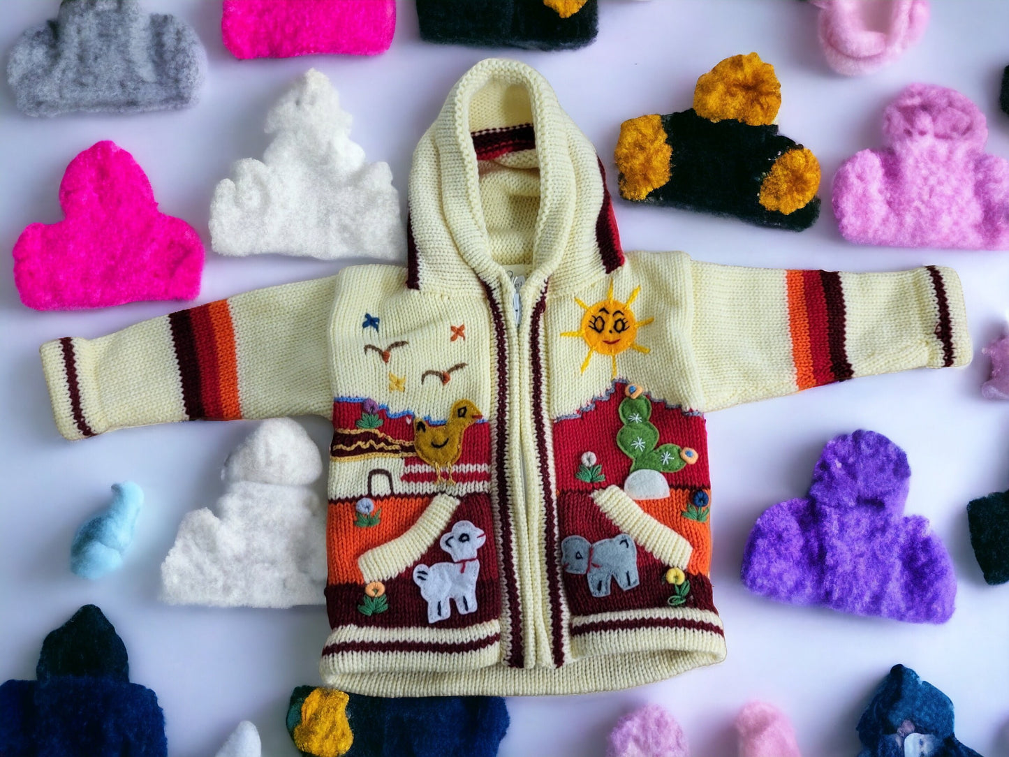 Colourful handmade children's cardigans, jackets, hoodies, warm alpaca wool, animal pattern, soft and playful, with zip, hood and pockets