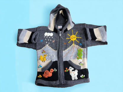 Colourful handmade children's cardigans, jackets, hoodies, warm alpaca wool, animal pattern, soft and playful, with zip, hood and pockets