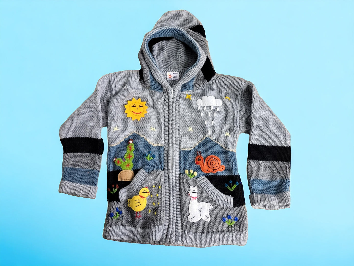 Colourful handmade children's cardigans, jackets, hoodies, warm alpaca wool, animal pattern, soft and playful, with zip, hood and pockets