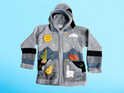 Colourful handmade children's cardigans, jackets, hoodies, warm alpaca wool, animal pattern, soft and playful, with zip, hood and pockets