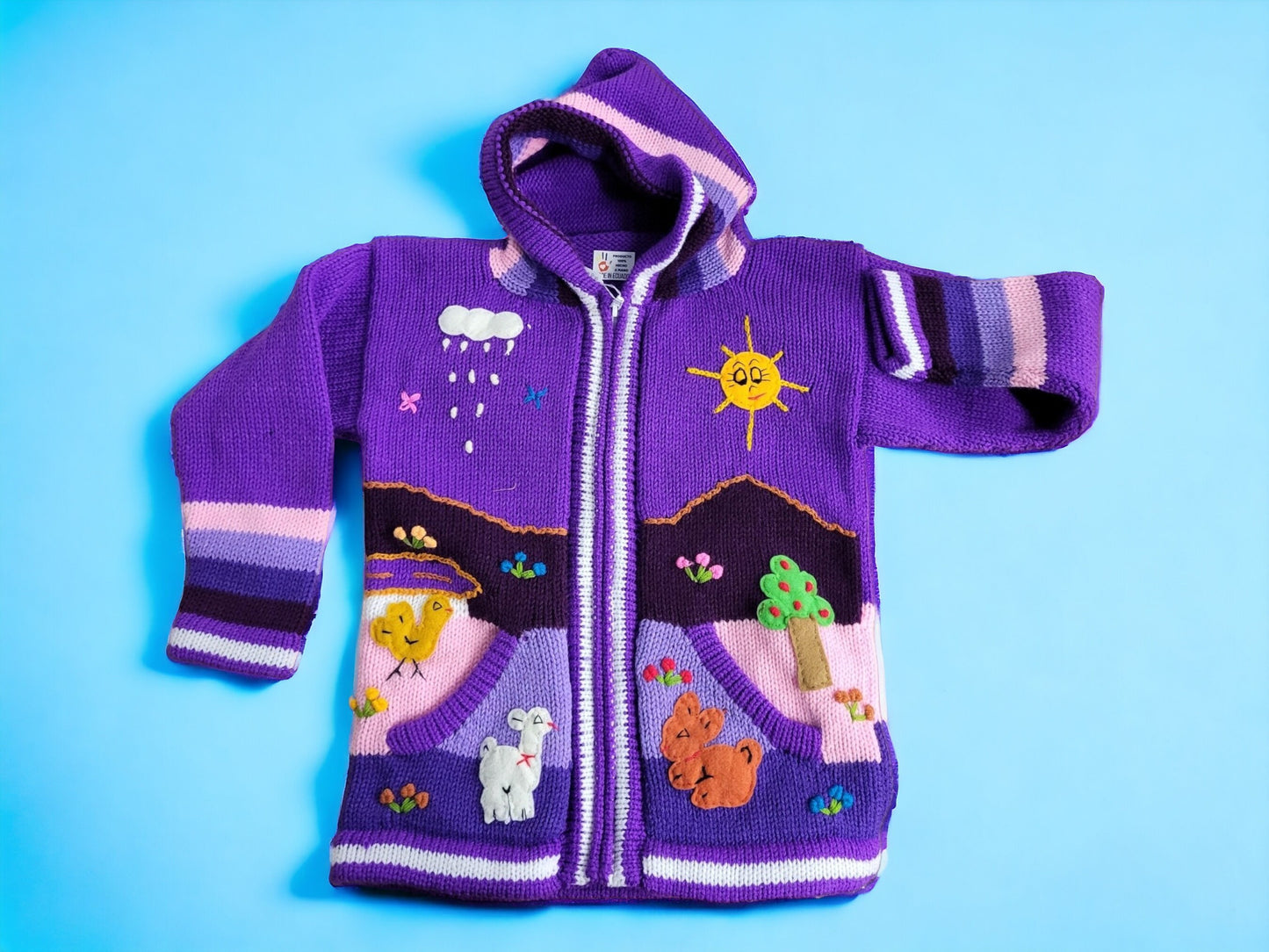 Colourful handmade children's cardigans, jackets, hoodies, warm alpaca wool, animal pattern, soft and playful, with zip, hood and pockets