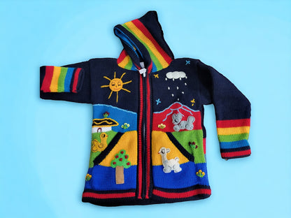 Colourful handmade children's cardigans, jackets, hoodies, warm alpaca wool, animal pattern, soft and playful, with zip, hood and pockets