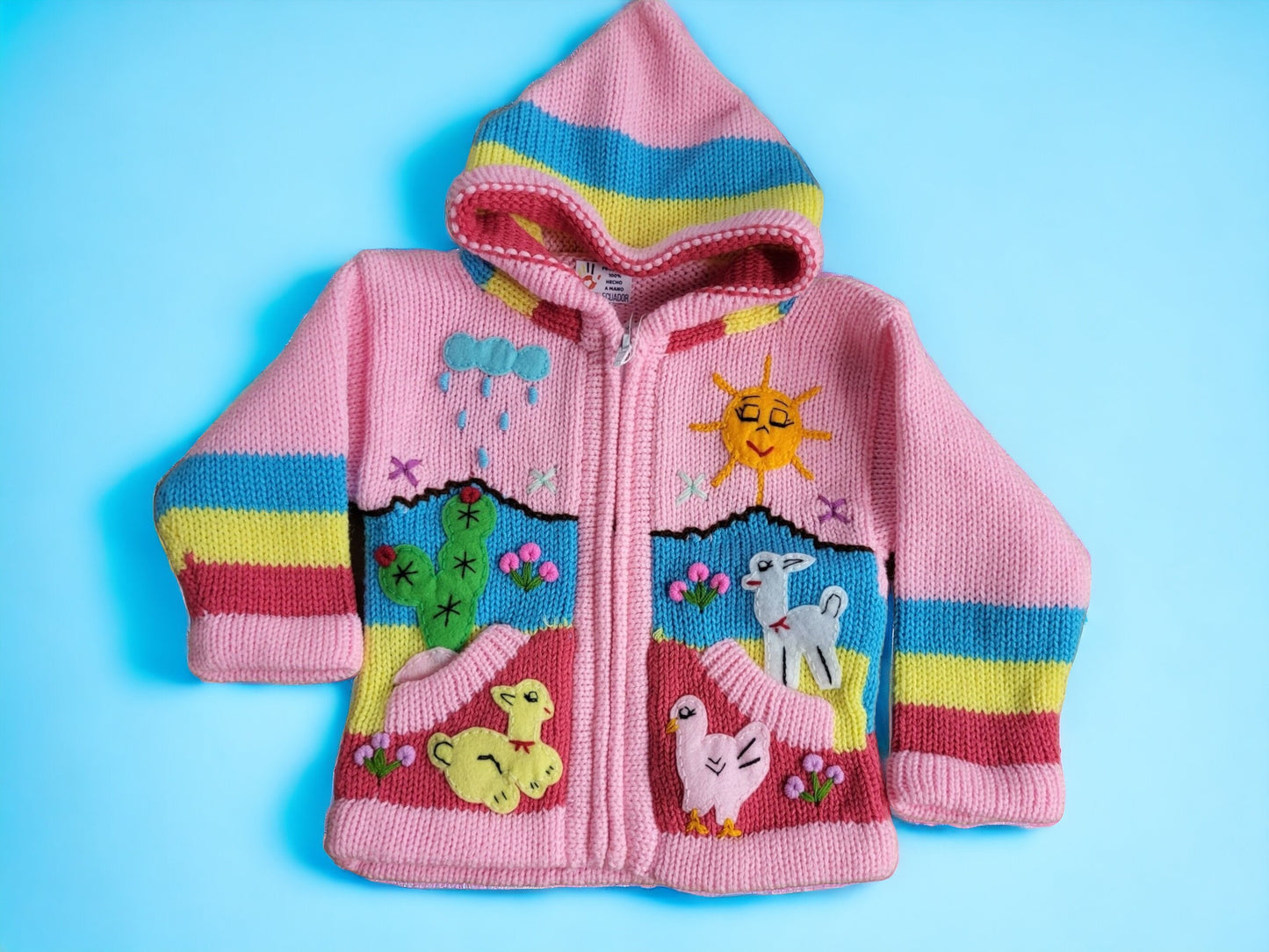 Colourful handmade children's cardigans, jackets, hoodies, warm alpaca wool, animal pattern, soft and playful, with zip, hood and pockets