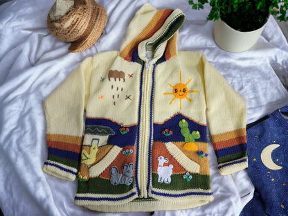 Colourful handmade children's cardigans, jackets, hoodies, warm alpaca wool, animal pattern, soft and playful, with zip, hood and pockets