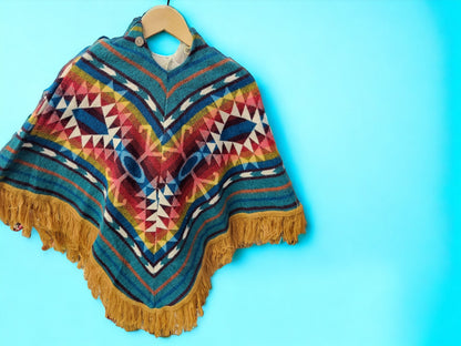 Handmade Fair Trade Alpaca Children's Ponchos | Hooded with Incan Pattern | Warm Alpaca Wool | Car Poncho | Colorful & Trendy Kids Outerwear