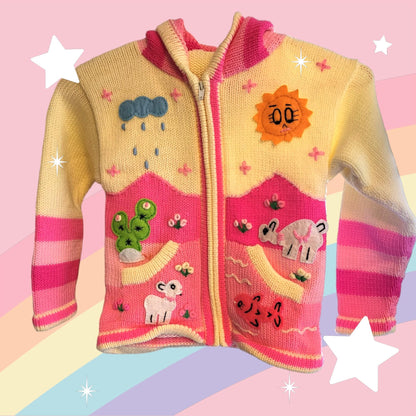 Hand-Knitted Alpaca Wool Cardigan with Animal Stickers | Colorful Kids Sweater | Sizes 9-12m to 5-6y | Unique Artisan Children's Jacket